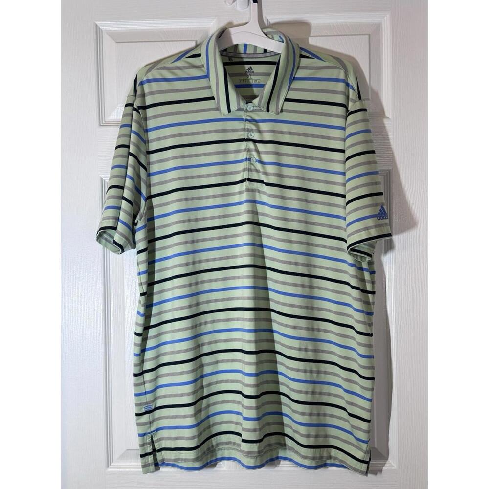 adidas Men's Golf Polo Shirt Lt Green W/Blue Stripes, Size XL